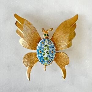 Vintage Gold Tone Butterfly Brooch with Floral Porcelain & Green Rhinestone Eyes